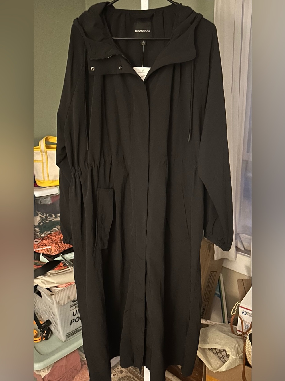 Beyond Yoga Long Hooded Trench/Rain Coat in the color Black